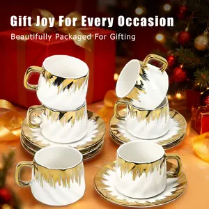 SMALL SIZE Coffee Cup Set of 6 with Saucers, 3.2 OZ Ceramic Espresso Cups Set, Gold Trim Turkish Coffee Cup Gift for Cappuccino, Latte, Cafe Mocha and Tea, Dishwasher & Microwave Safe