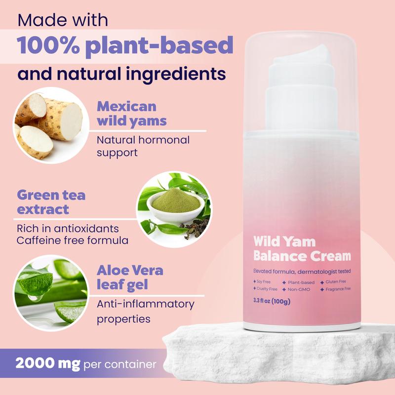 Organic Wild Yam Cream for Hormonal Balance, PMS, Menstrual Support, Menopause Relief & More. Natural Progesterone for Women. Made in USA - 3.3floz-100g wild yam cream
