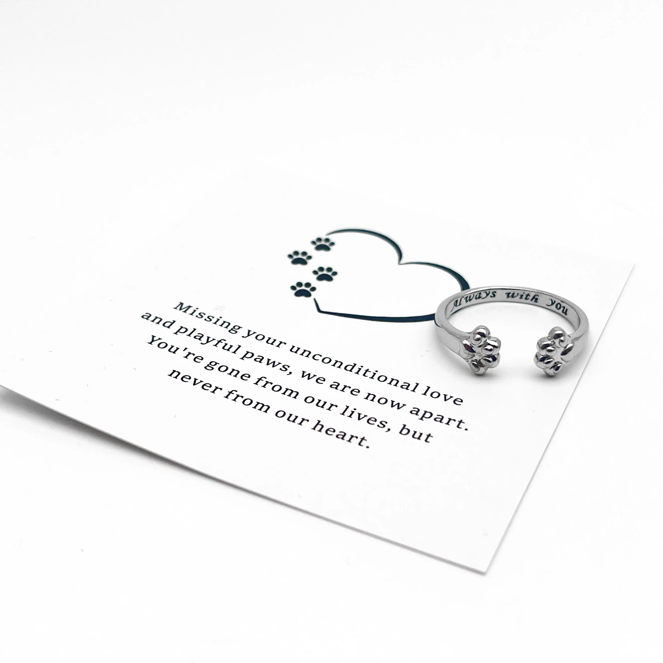 Adjustable Paw Print Hug Ring, Open Band Memorial Jewelry for Pet Owners, Women's Keepsake Gift with Never Gone Always Loved Message, Jewelry Rings