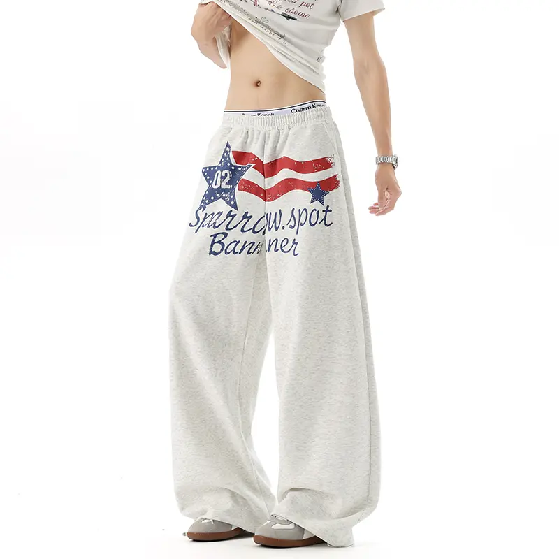 Unisex  Stripe Letter Graphic Wide Leg Sweatpants Heather Grey Drawstring Elastic Waist Baggy Loose Vintage Y2K Hip Hop Streetwear Lounge Track Pants