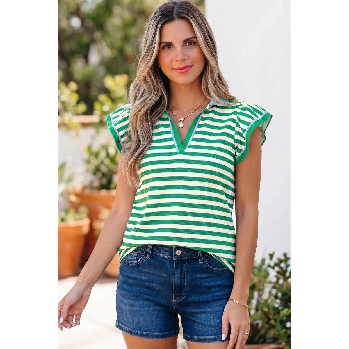 Green Stripe Contrast Trim Polo Collar Ruffled Short Sleeve Blouse