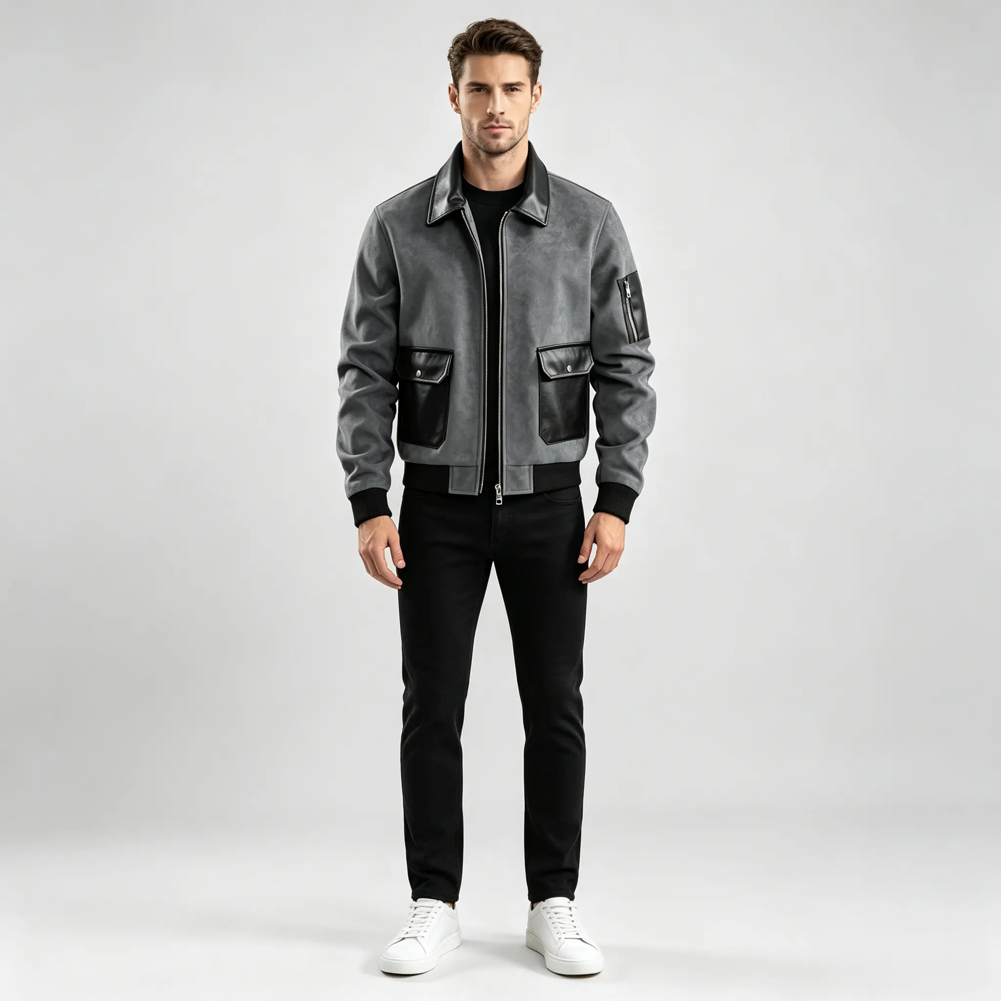 Men's Faux Leather Color-Block Paneled Turn-Down Collar Aviator Jacket - Autumn/Winter American Vintage Workwear Casual Long-Sleeve Short Coat with Multiple Pockets, Ribbed Cuffs