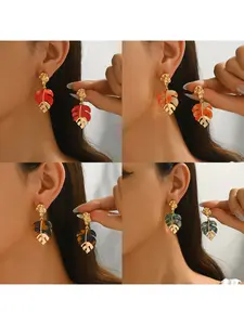 Creative Resin Leaf Earrings, Tree Leaf Pendant Studs, Fashionable Style Jewelry, Unique Hollow Design Ear Cuffs