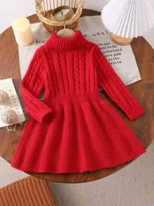 Girls Long Sleeve Knit High Neck Dress, Pleated Princess Dress, Turtle Neck Dress for 4y-7y, Fall & Winter Fashion, Christmas Gift, Multiple Colors Available