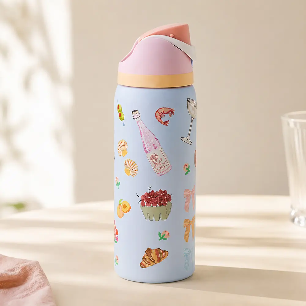 Owala Pastel Coastal Brunch Print Water Bottle with Flip Lid & Straw – Stainless Steel Reusable Travel Bottle for Women, Men & Teens, School, Work, Gym & Daily Use