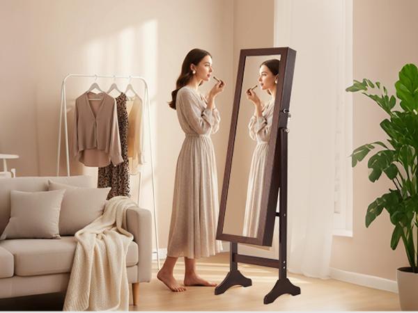 Lockable Jewelry Armoire with Full Length Mirror – Freestanding Standing Mirror Cabinet – Velvet Lining Makeup Organizer, 5 Shelves, Accessory Pouch & 3 Viewing Angles
