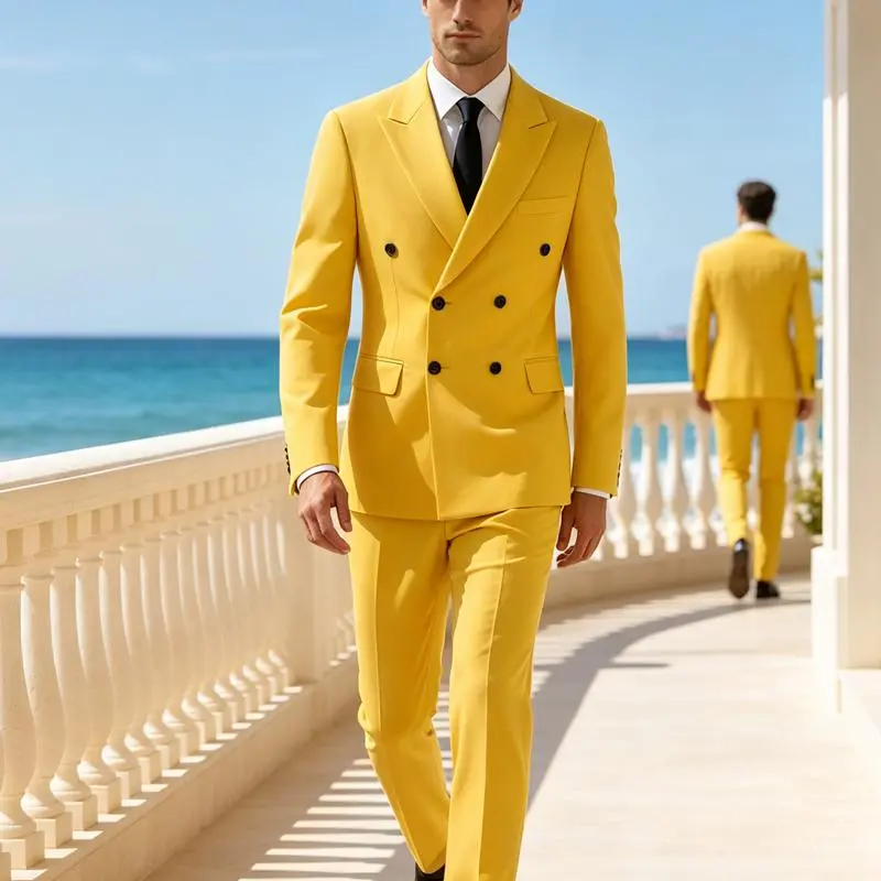 Men's Slim Fit 2 Piece Suit Double Breasted Business Wedding Prom Tuxedo Suits Blazer & Pants Set…men 2 piece sets Fabric Menswear Musical Polyester School Straight Yellow Beige Blazer Trouser Blazers Suit Sets Formal Soft Long Sleeve Plain