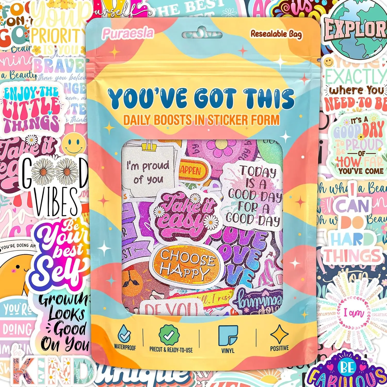 Glitter You've Got This by Sticker Pack Puraesla - 300 Positive Affirmation Stickers, Emotional Boost Glitter Motivational Sticker Pack, Encouraging Quotes for Laptop, Water Bottles, Vision Board, Self Love