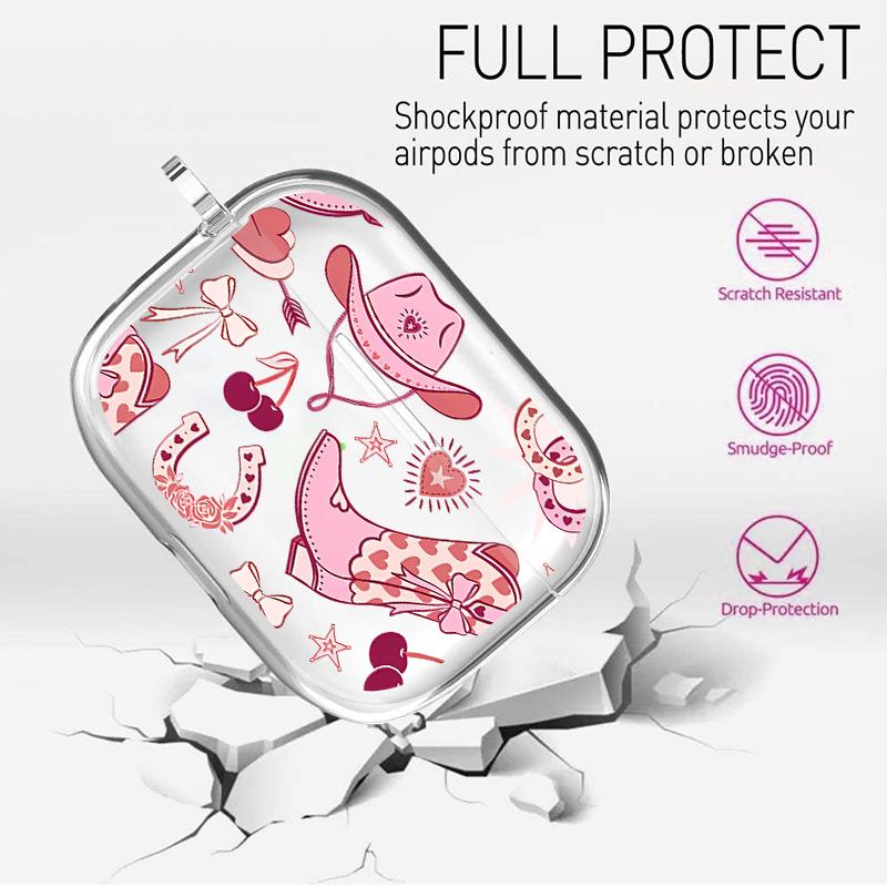 Pink Cowgirl Dream Pattern TPU Soft Protective Case for Apple AirPods 4/3/2/1/Pro/Pro2 Transparent Earphone Cover with Keychain Attachment