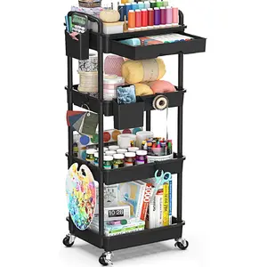 Four-tier multifunctional rolling storage cart with drawers, featuring two lockable wheels, suitable for bathroom, kitchen, crafts, cosmetics, baby products, etc., black