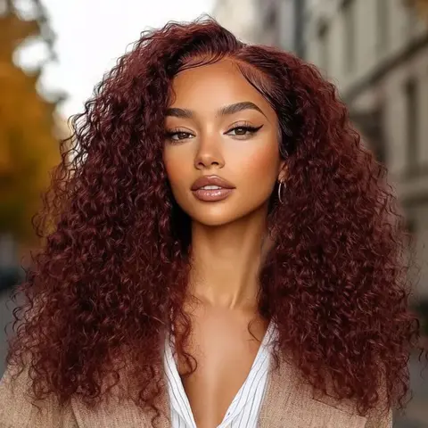 UNICE Unisex Reddish Brown Afro Kinky Curly Jerry Curly Human Hair Lace Front Wig - 7x5 Pre-Cut, Glueless, 180% Density, Pre-Bleached Invisible Knots, Natural Hairline, Heat Resistant, Easy Install, 22.5in Medium for Beginners, Kinky Curly Hair
