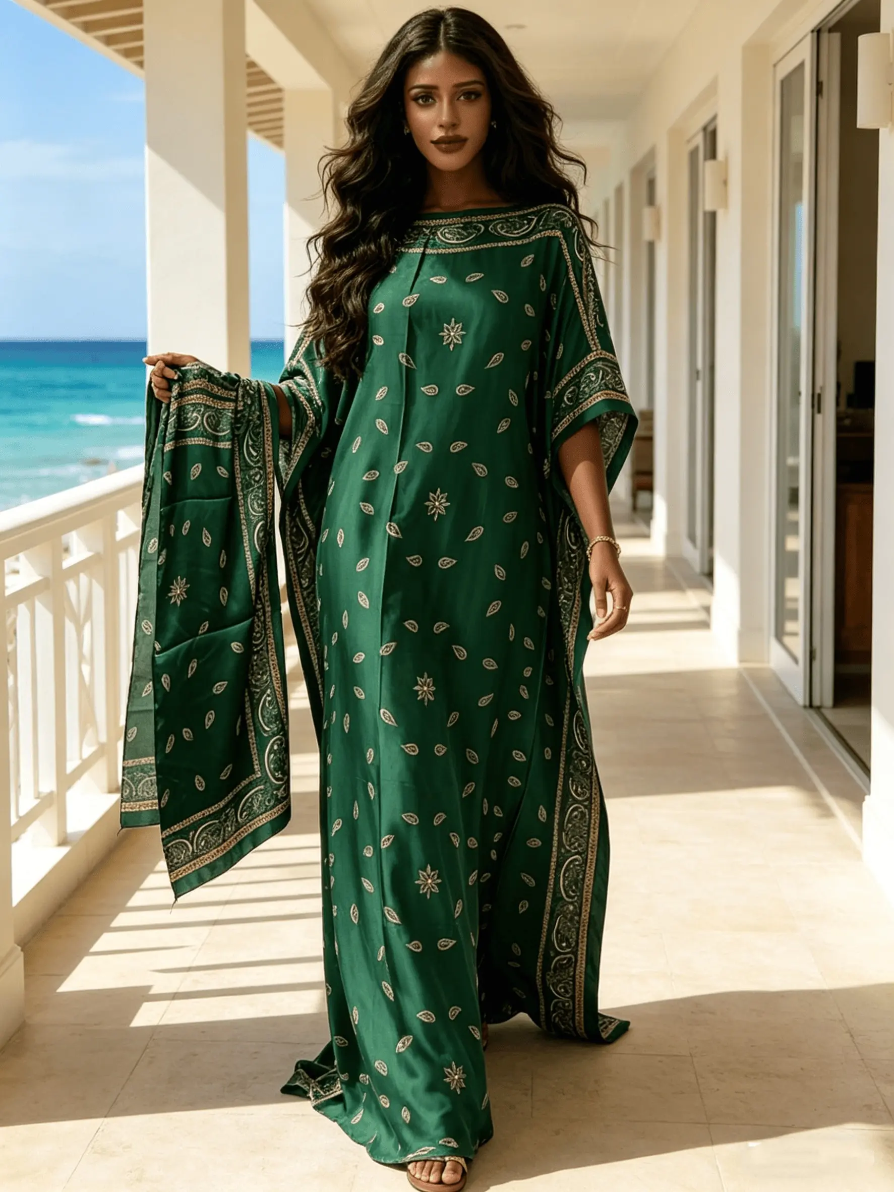 1 Dress+1 Scarf, Modest Clothes, Emerald Green Gold Floral Print Satin Kaftan Dress for Women, Muslim Clothing, Plus Size Abaya, Loose Batwing Sleeve Maxi Caftan, Modest Beach Cover Up, Islamic Robe for Vacation, Eid & Loungewear
