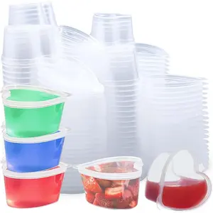 100 Sets 1 1/2 oz Heart Shaped Jello Shot Cups with Lids, Small Condiment Containers, Disposable Portion Cups, Plastic Souffle Cup, Mini Sample Tasting Cups, Dipping Sauce Cup To Go Bowls, Clear
