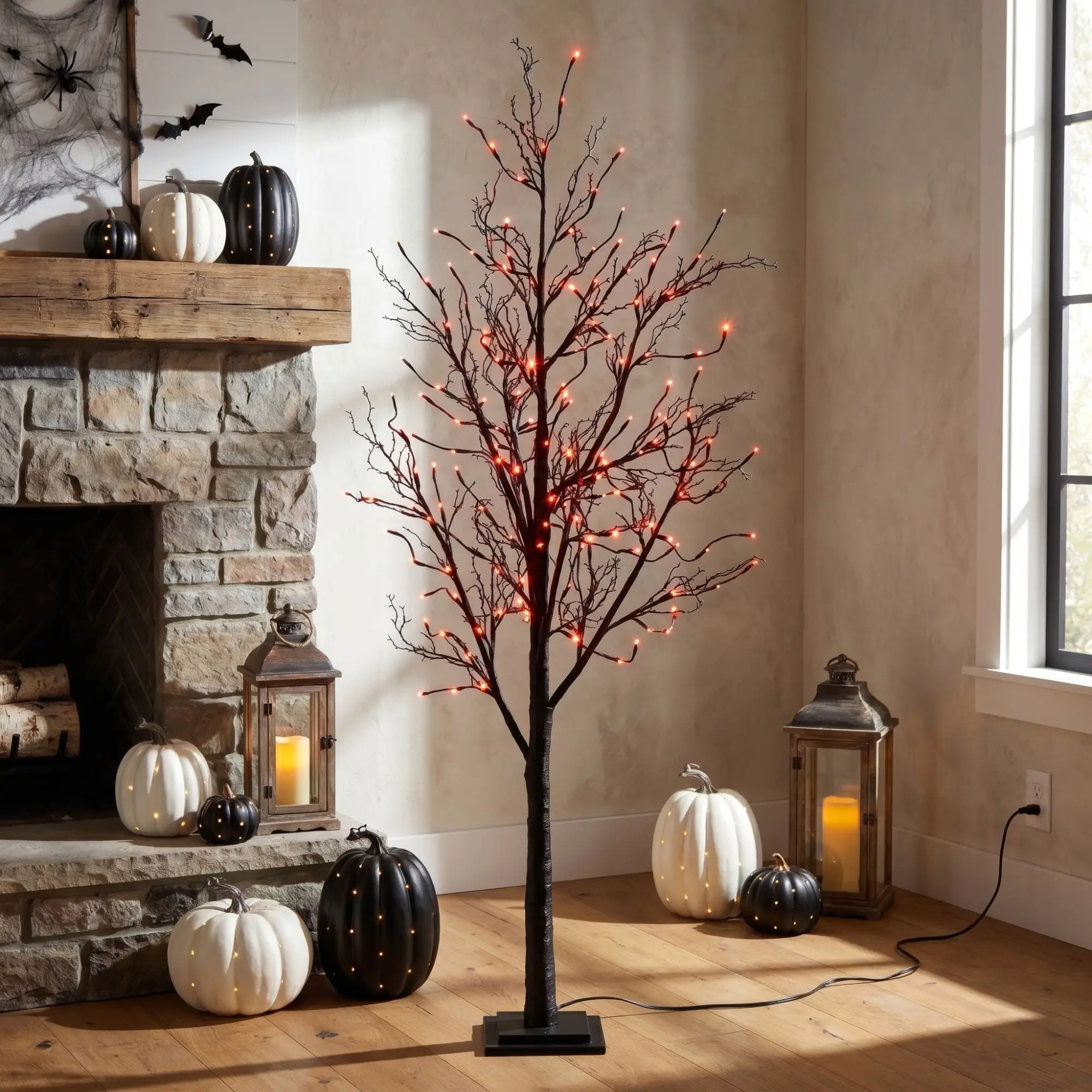 6' Pre-Lit Black Twig Artificial Halloween Tree with Tree Design, 300 Orange-Purple Customizable Halloween Lights, Outdoor Indoor Decorative Event Props, Home Party Decorations