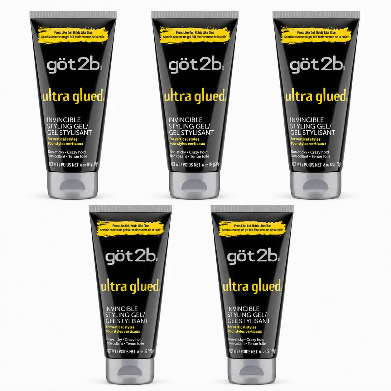 Got2b Ultra Glued Invincible Styling Hair Gel 6 oz (Pack of 5), Strong Hold Hair Gel Non-Sticky No-Flake Formula, Long-Lasting Hold for Men & Women