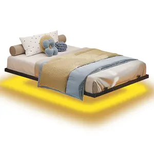 SIKAIC Modern Black Floating Metal Bed Frame with Built-in LED Lights