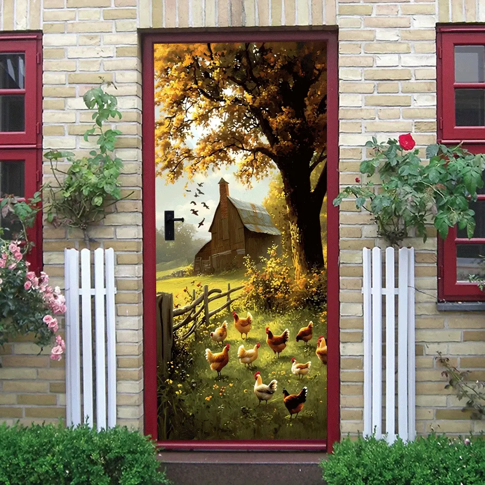 2pcs Warm Farmhouse Wall Stickers Sunlit Barn Trees Chicken Group Fence Decorative Stickers Living Room Bedroom Kids Room Background Wall Self Adhesive Wallpaper Home Wall Decoration Murals