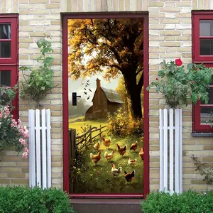 2pcs Warm Farmhouse Wall Stickers Sunlit Barn Trees Chicken Group Fence Decorative Stickers Living Room Bedroom Kids Room Background Wall Self Adhesive Wallpaper Home Wall Decoration Murals