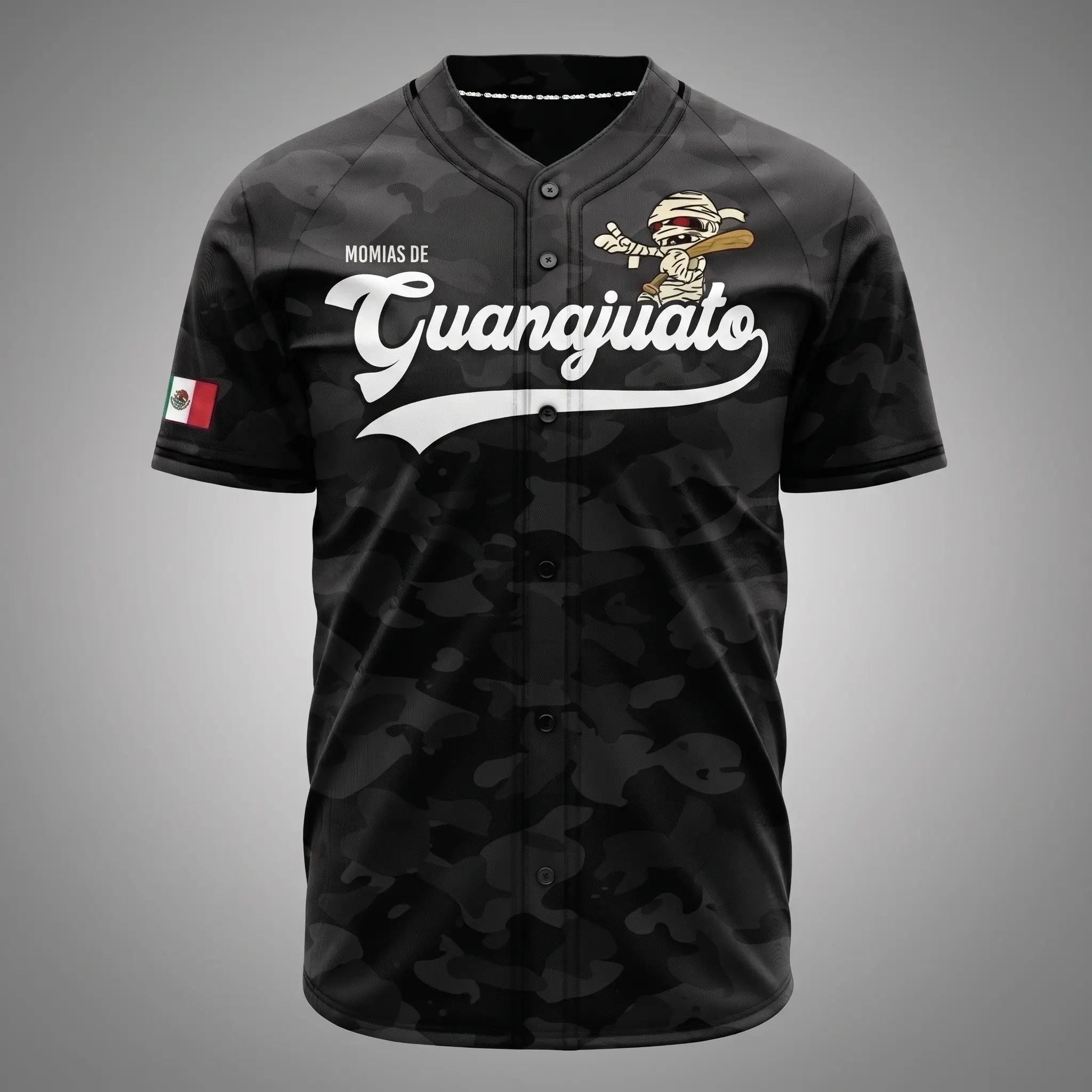 Momias de Guanajuato Black Camouflage Baseball Jersey – Mexican Heritage Mummy Graphic Button-Up Sports Shirt, Unisex Athletic Jersey