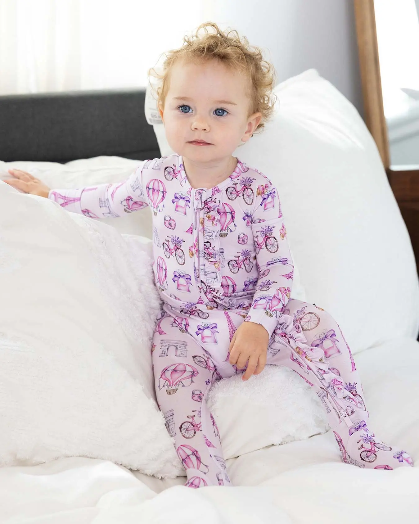 Emilia Ruffled Organic Bamboo Footie for Baby Girls, Paris Print Snug Fitting Sleep Suit with 2-Way Zipper for Sensitive Skin, Snug Fitting Sleepwear, Cozy, Cute, Infant Pajamas, Snug Fit Sleepwear