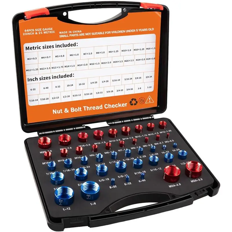 44PCS Nut and Bolt Thread Checker - Comprehensive Bolt Size and Thread Gauge Tool, Inch & Metric Sizes, with Handy Tool Box, Excellent for Home Garages and Car Repairs
