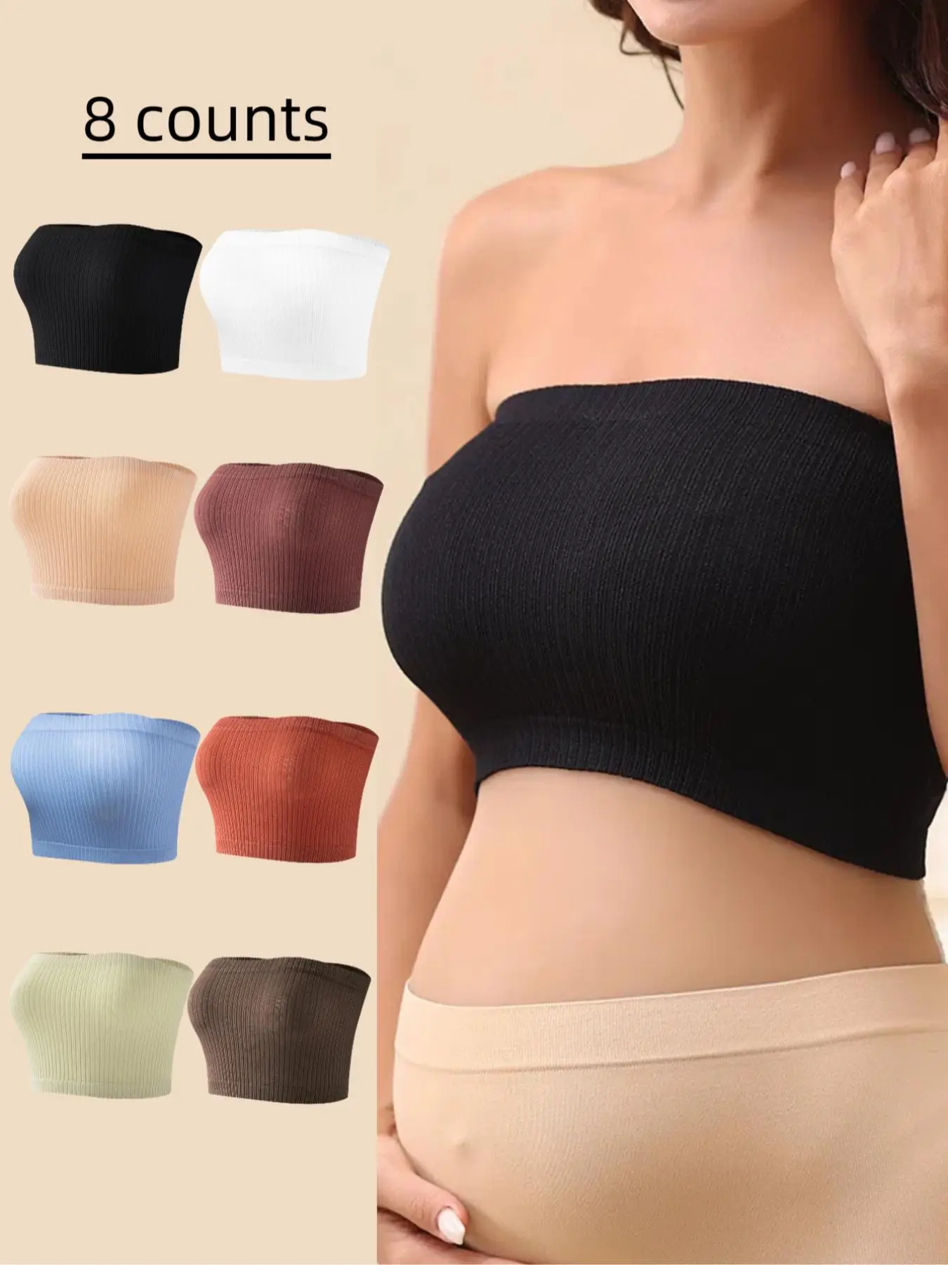 8 Counts Maternity Solid Color Ribbed Seamless Bandeau Lingerie Top, Comfort Going Out Tops, Casual Soft Comfortable Breathable Crop Tube Top for Preg