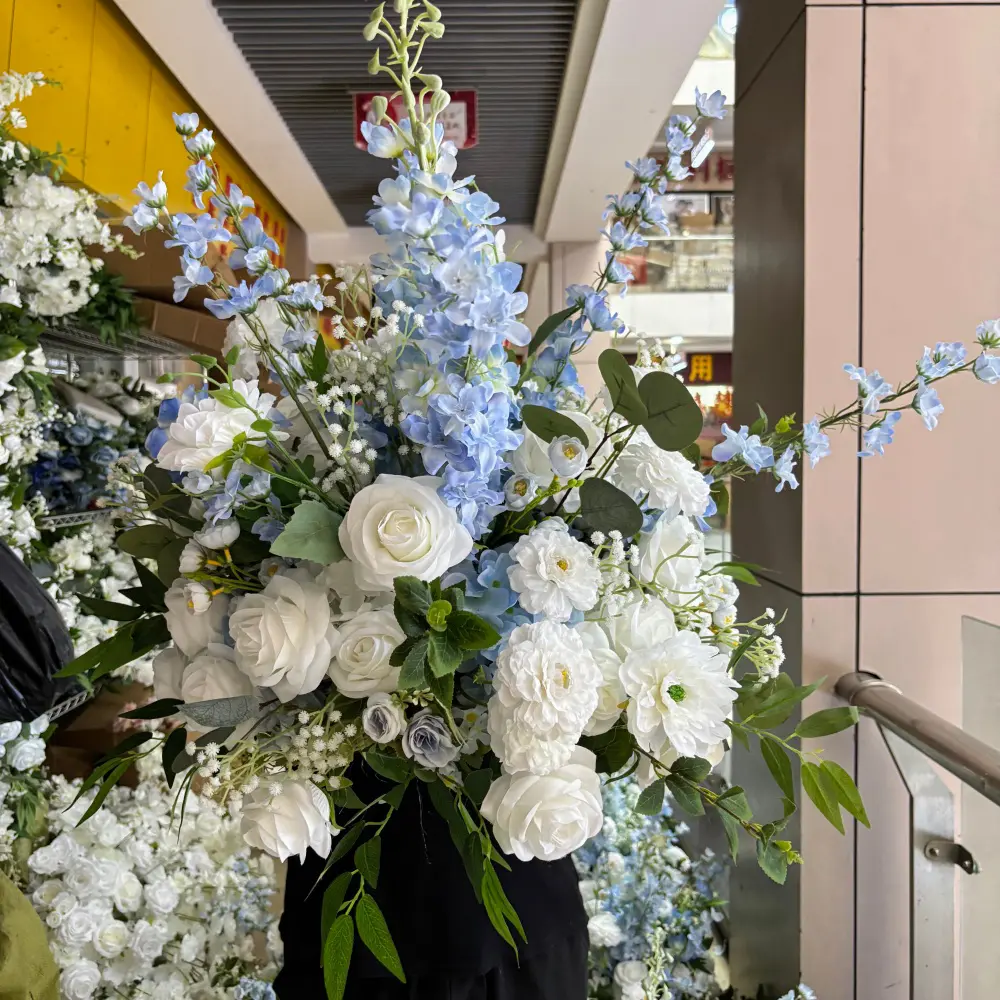 Sky Blue White Delphinium Greenery Artificial Floral Table Centerpiece Silk Flower Arrangement For Wedding Reception Bridal Shower Elopement Table Decor Reusable Banquet Dinner Baby Shower Salon Photoshoot Tabletop Floral Prop Event Party Decoration