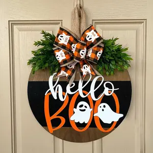 Halloween Ghost Wreath, Wooden Halloween Door Sign with Hook for Front Door Decoration, Spooky Holiday Decor for Home Entrance