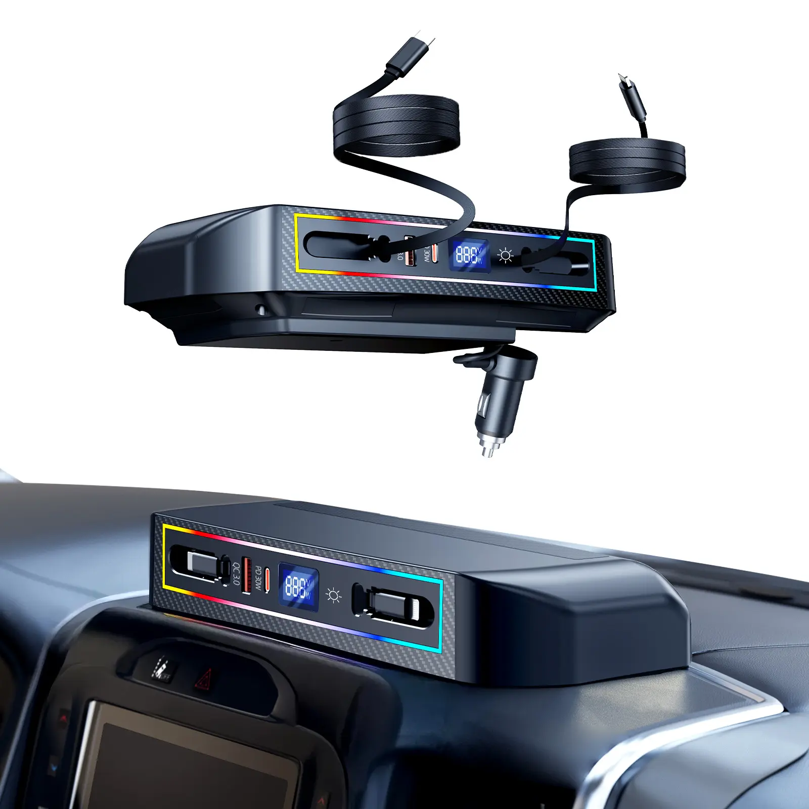 Oatsbasf 4-Port Retractable Automotive Charger - RGB Light Phone Charging Dock Hub for Dodge RAM 1500 2019-2025 Center Console Docking Station, Car Charger USB Multi-Port Mobile Phone Accessories, Multi-Port Fast Car Phone Charger