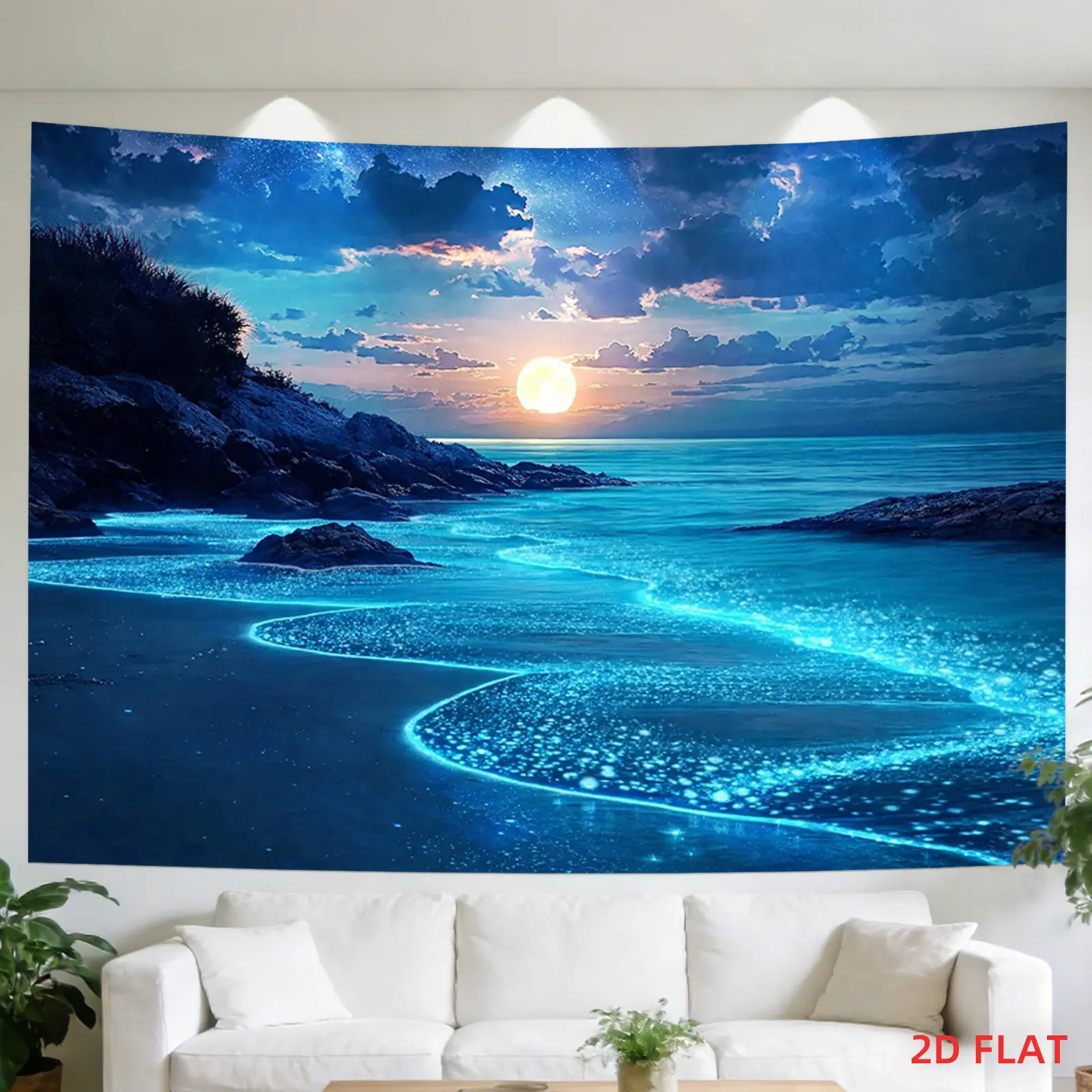 Rectangular 2D Flat Wall Tapestry, Bioluminescence Themed with Glowing Plankton, Moonlit Sky, Coastal Rocks & Tranquil Ocean, Bedroom Decor for Living Room Meditation Spaces