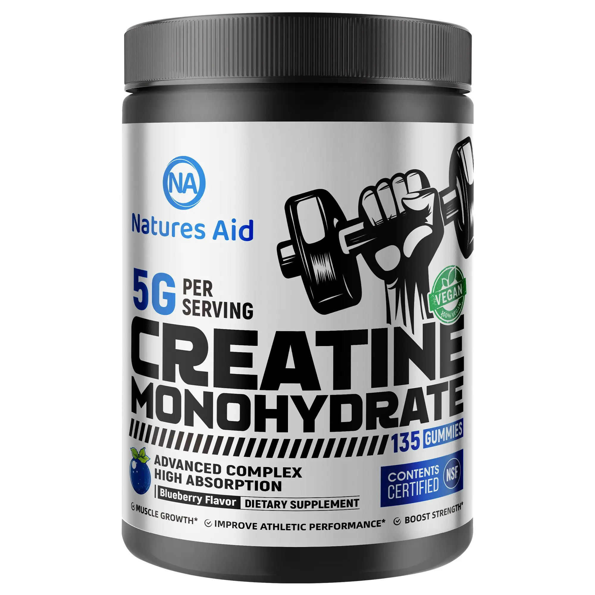 Natures Aid NSF Certified Creatine Gummy 5g - Creatine Monohydrate Gummies – Pre-Workout Energy & Muscle Growth Support for Men & Women | Blueberry Electrolyte Gummies (135 Count)