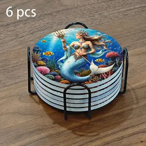 6-piece ceramic coaster set, featuring a beautiful mermaid queen and a vibrant underwater world. These heat-resistant, non-slip coasters come with a holder, making them perfect for home or dining table decorations, and elegant beverage mats.