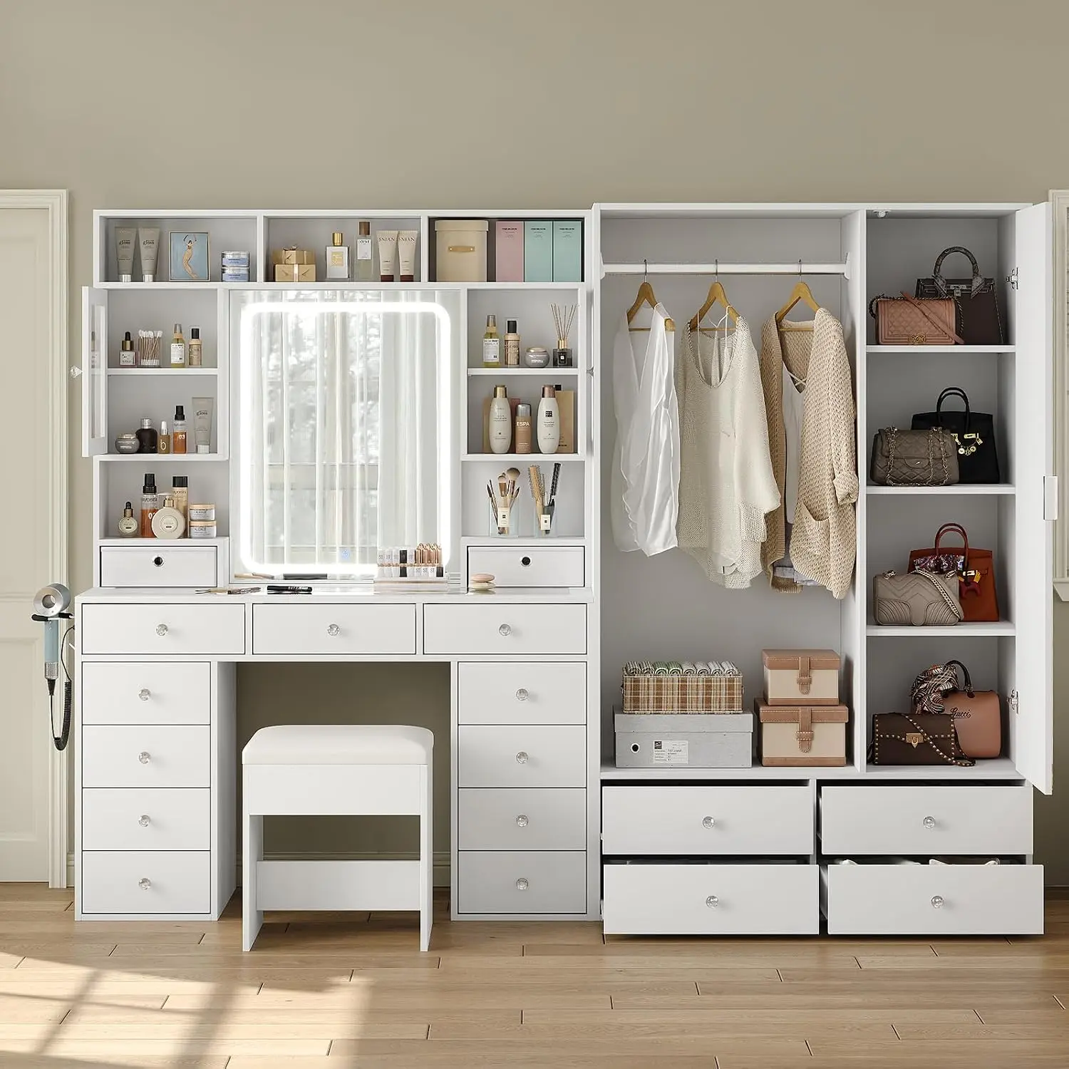 FUSOU 3 in 1 Vanity 87" W Large Vanity Desk with LED Mirror & Wardrobe, White Makeup Vanity with with Power Outlet, 17 Drawers, Full-Length Mirror Cabinet, Glass Top Vanity with Stool for Bedroom
