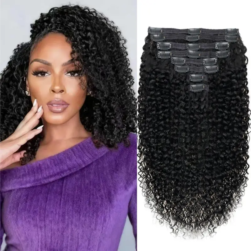 Encharm Women's Clip-In Kinky Curly Human Hair Extensions - 8PCS 120G, 1B# Natural Black, Seamless Invisible Edge, Heat Resistant Hairpiece, Hair Weft Extensions for Daily Use, Clip-In Hair Extensions