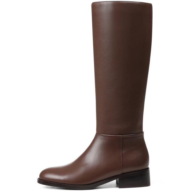 Knee High Boots Women Fashion Leather Boots with Round Toe Low Heel Flats Side Zip Stretch Long Tall  wine Red Browen Boot for Fall Winter cowgirl