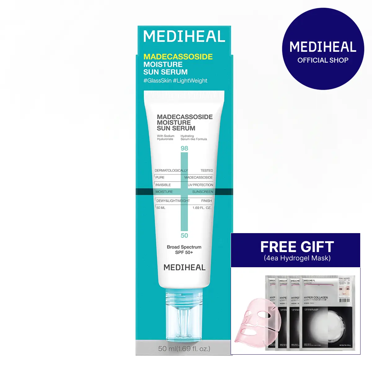[MEDIHEAL] Madecassoside Moisture Sun Serum (50ml) | 3-in-1 UV Protection & Deep Hydration | 98% Pure Madecassoside & 79% Serum Ingredients | No White Cast Lotion-Like Texture | Pipette Tube Control Tip | Korean Skincare