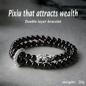 Obsidian Pixiu Double-Layer Beaded Bracelet - Peaceful, Lucky, Wealth-Attracting Fashion Accessory, Daily Wear Jewelry Gift, Classic Design for Special Occasions