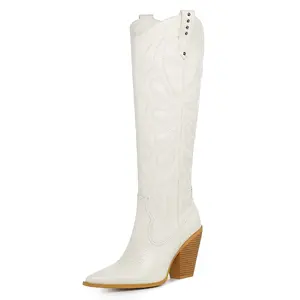 Women's Embroidery Cowgirl Cowboy Boots Stacked Chunky Heel Studded Western Boots