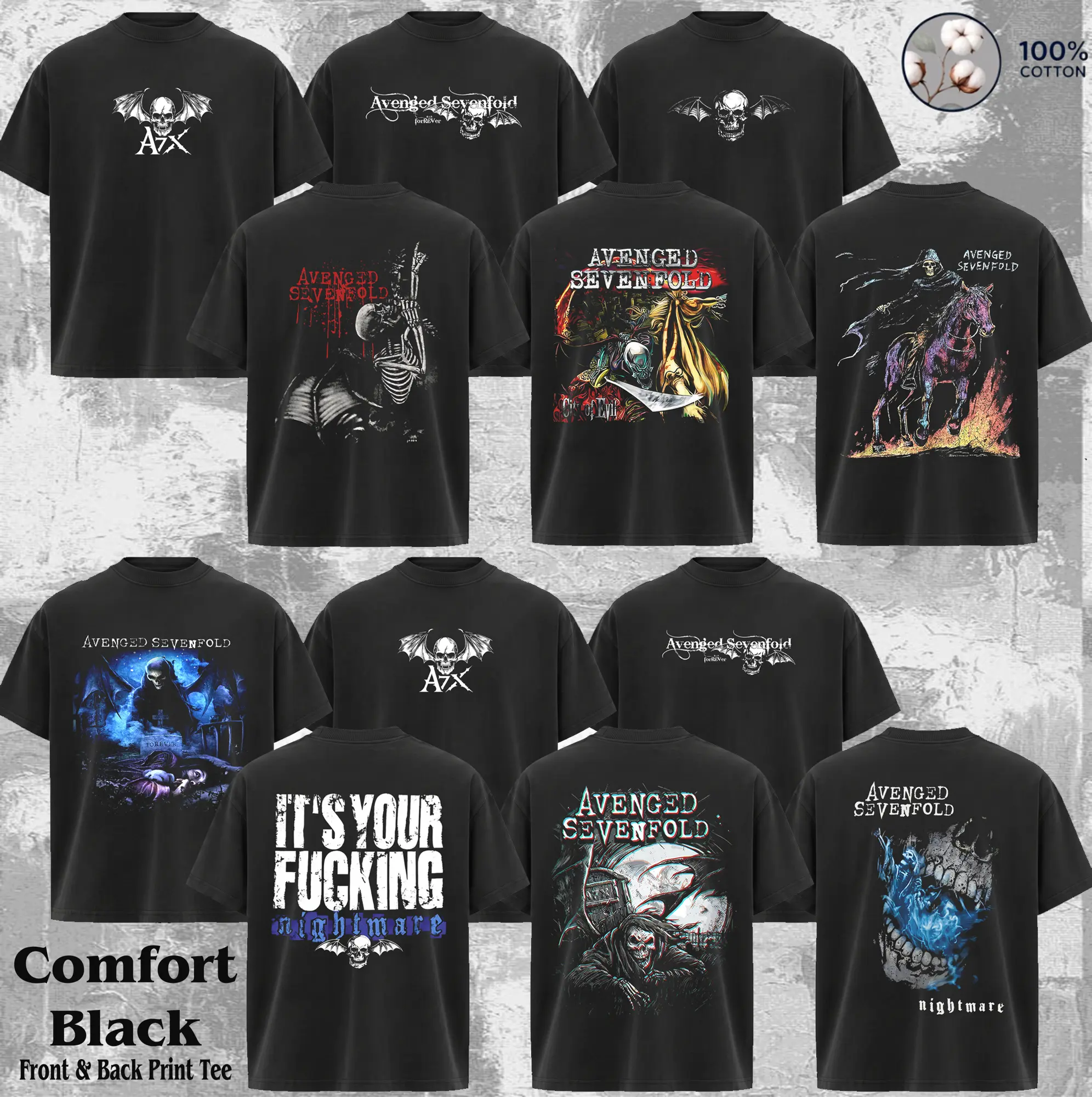 [Collection] Mens Vintage Avenged Sevenfold Wasde Round Neck Short-Sleeve Casual Stylish Menswear Tee - Black Classic Rock Metal Band Tour Merch, 90s Grunge Aesthetic Trending Shirt