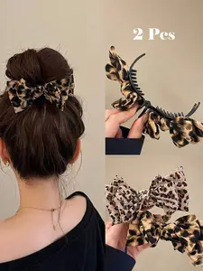 2pcs Chic Leopard Print Bow Hair Claw,Large Chic Leopard Print Bow Hair Clip, Elegant Polyester & Spandex Bowknot Hair Clip, - Retro Double-Layer Big Bow Hair Clip Elegant Bow Ball Head Clip High Ponytail Fixed Clip ,Vintage-Inspired Fabric Hair Claw
