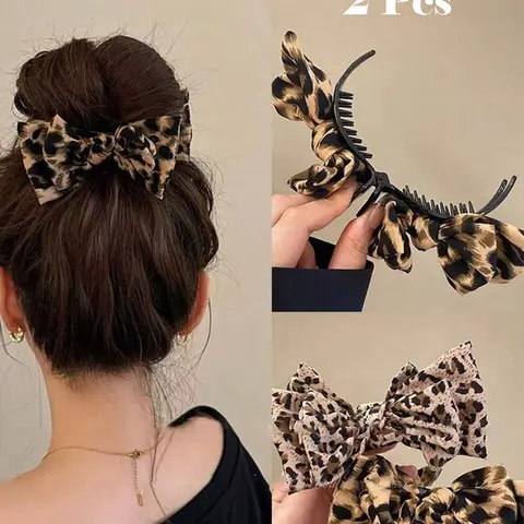 2pcs Chic Leopard Print Bow Hair Claw, Barrettes, Polyester & Spandex Bowknot Hair Clip, Retro Double-Layer Big Bow Hair Clip, High Ponytail Fixed Clip, Vintage-Inspired Fabric Hair Claw, Hair Claw Clips, Hair Claws Set