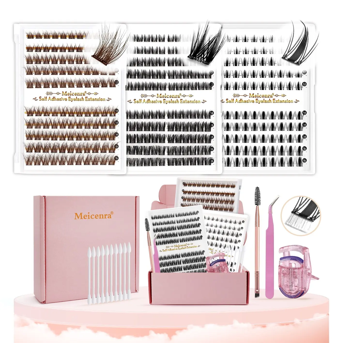 Preglued Eyelash Set with Tweezer, Eyelash Curler,  Eyelash Brush, Press on Eyelashes, Easy Application Makeup Tool