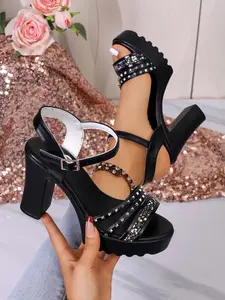 Women's rivet sequin chunky heel platform sandals, height-increasing and slimming, non-rubbing, suitable for parties, performances, dates, sle, vacation photos, stage performances, and evening wear