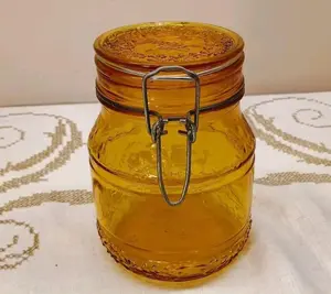 Vintage Floral Cove 6.5" Amber Glass Wire Bale Canister 1L Made In Italy