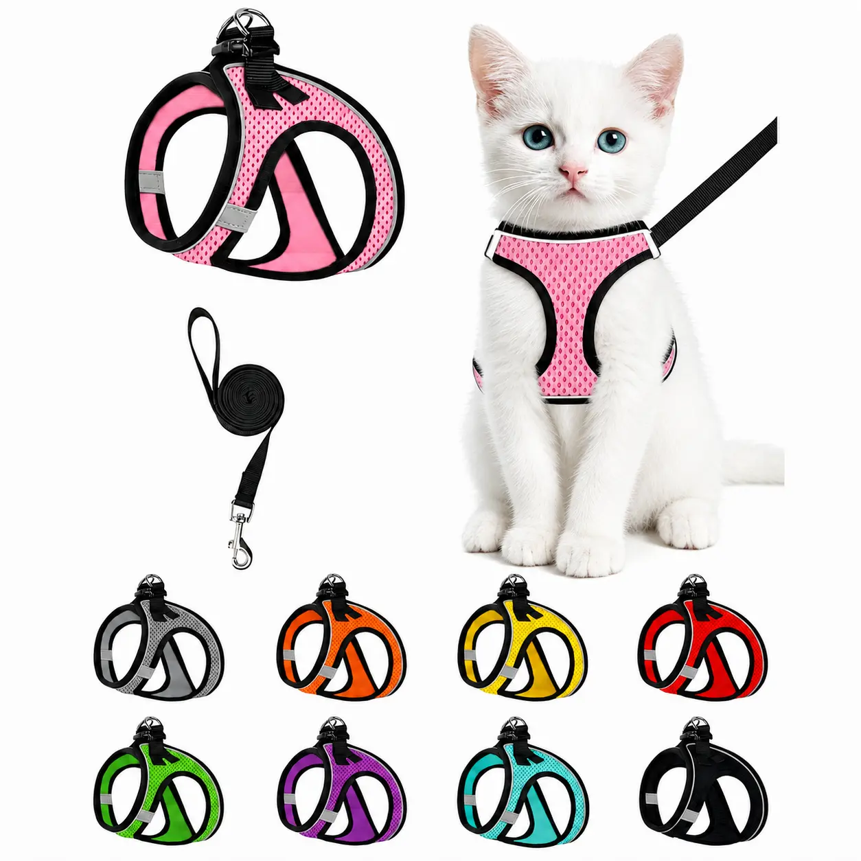DELOMO Escape Proof Cat Harness & Leash Set, Adjustable Reflective Soft Mesh Vest, Lightweight Comfortable Safety Walking Harness for Small/Medium Cats & Small Dogs, Back to School
