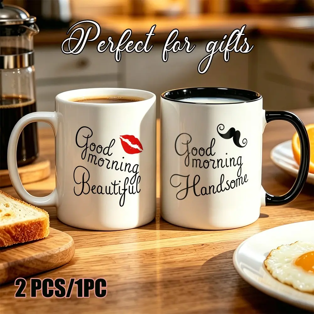Matching Couple Stylish Coffee Mugs Set, Good Morning Beautiful & Handsome Ceramic Cups, Valentine's Day Gifts for Boyfriend Girlfriend