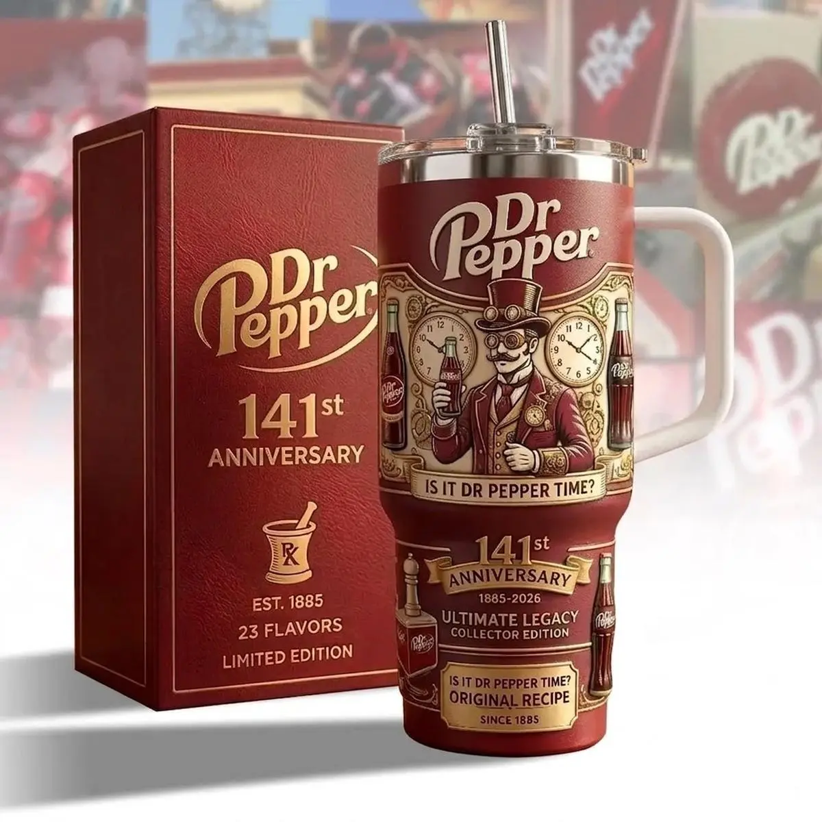 Dr Pepper 141st Anniversary Tumbler 40oz With Handle & Straw, Vintage Soda Collector Cup, Retro Dr Pepper Fan Gift, Limited Edition 1885-2026 Drinkware, 23 Flavors Travel Mug Stainless Steel, Insulated Style Tumbler For Soda Lovers, Flasks Trend 2026