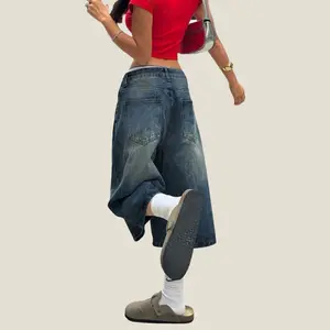 Y2K Street Vintage Washed Cat Whiskered Pocket Style Wide Leg Bermuda Jeans Denim Jorts Casual Shorts Cropped Trousers Blue Fit