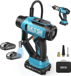 SEESII 3-in-1 Tire Inflator: Portable Air Compressor & Car Vacuum Cordless & Led Work Light with 2×2000mAh Batteries, 21V Tire Air Pump 150PSI w/Digital Gauge+Auto-Shutoff for Ball/Bike/Car/Home