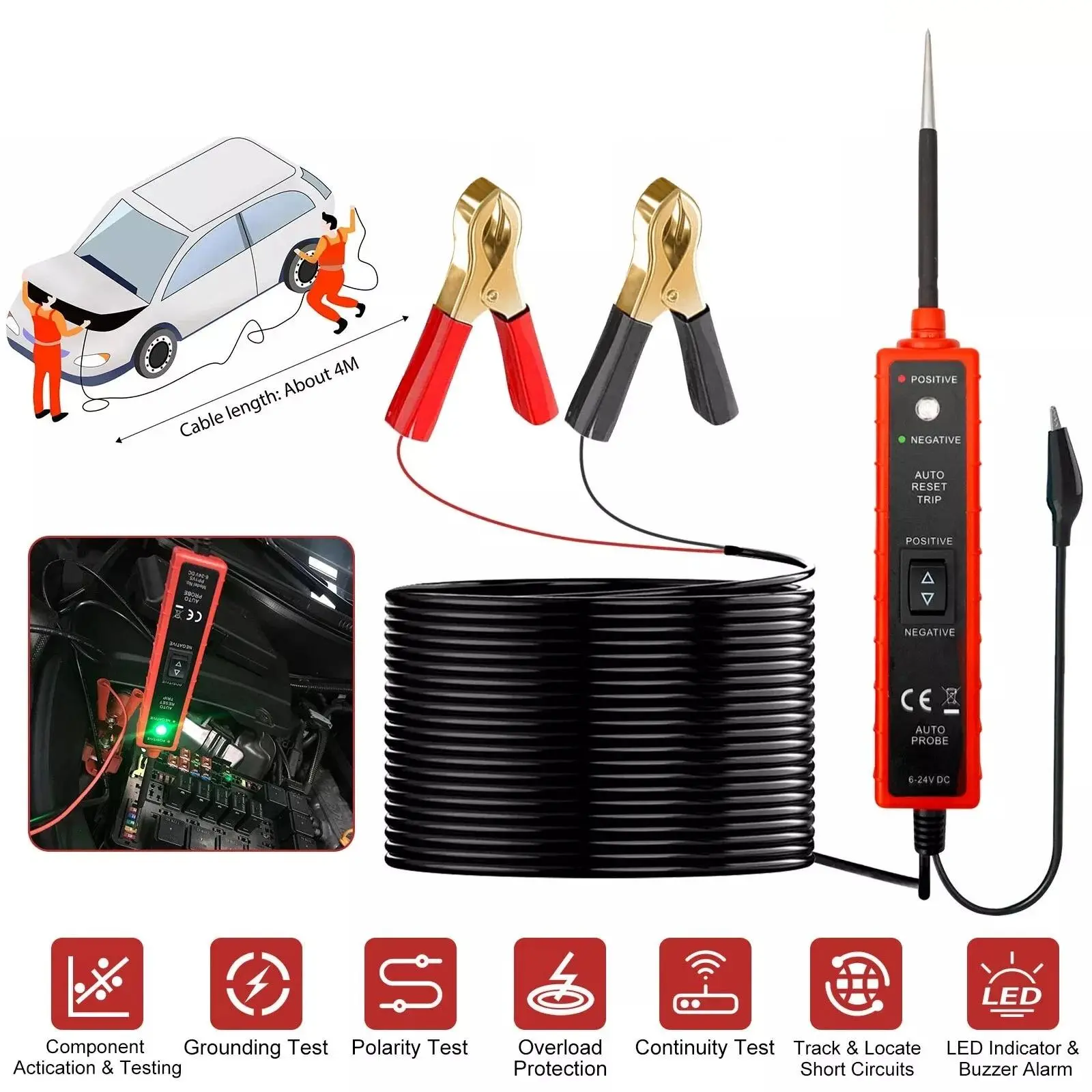 Digital Automotive Circuit Tester, 6-24V Power Probe for Component Activation, Quick Polarity Detection, and Continuity Testing with 4M Cable